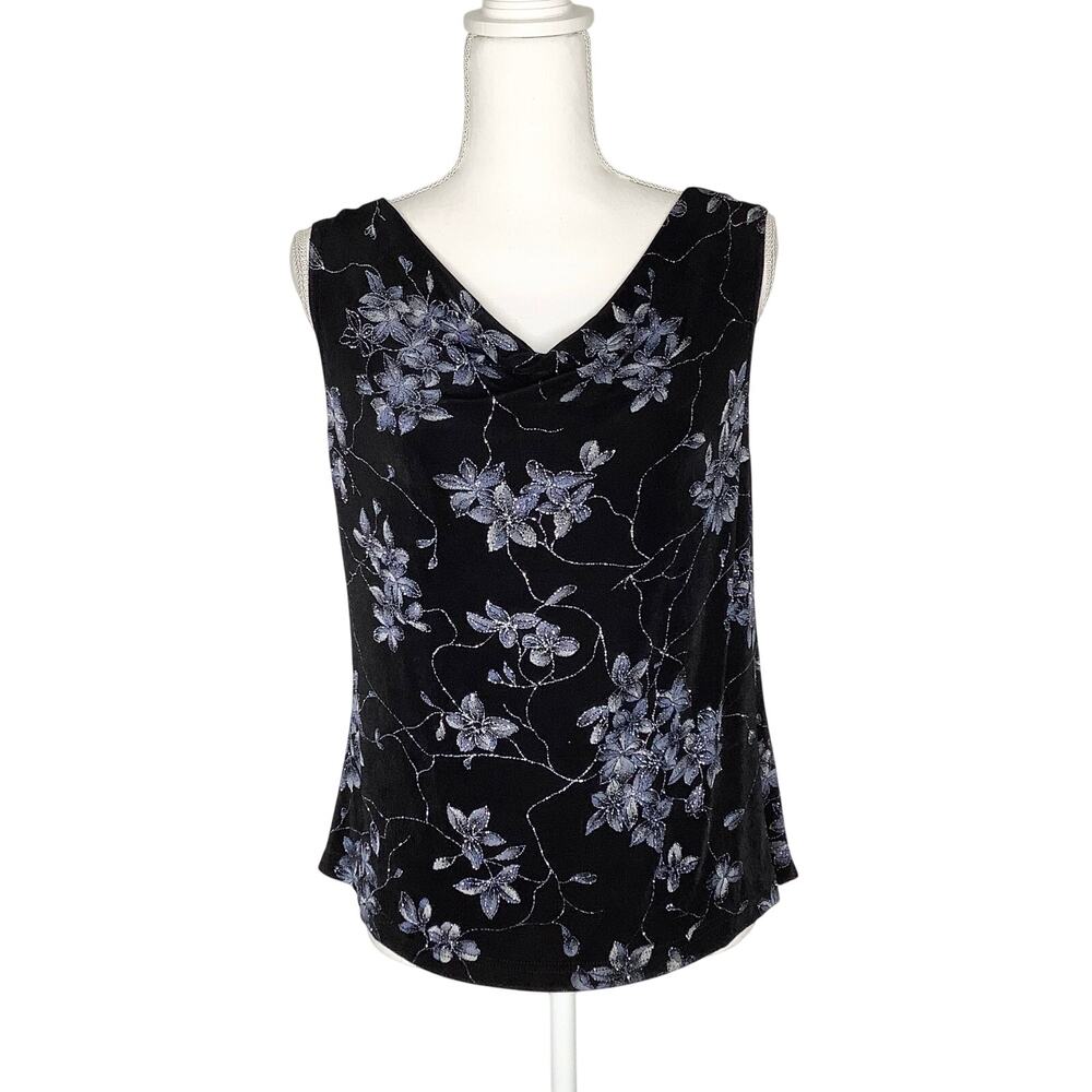 Bay Studio Evenings Vintage Black Blue Floral Sparkle Cowl Neck Top Medium